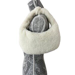 Lexi Plush Sherpa Dumpling Faux Teddy Bear Design Pouch Bag, Ivory, Women's,